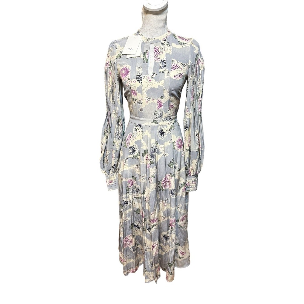 CO Pleated Sleeve Chrysanthemum Floral Maxi 100% Silk Dress Grey XS‎ NWT